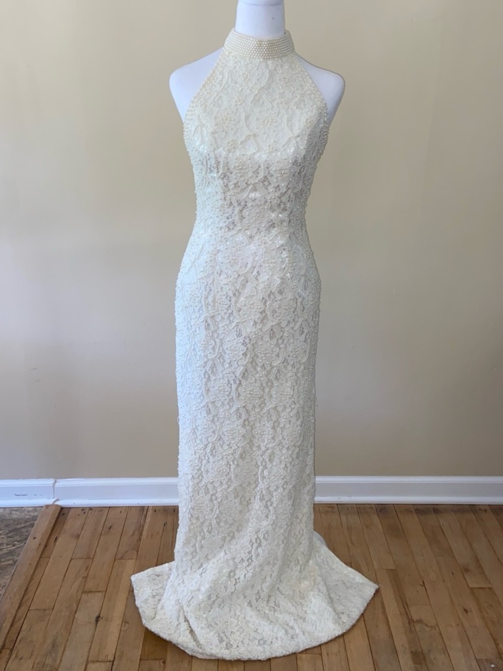 St. Tropez Ivory Halter Lace Wedding Gown with Pearl Collar